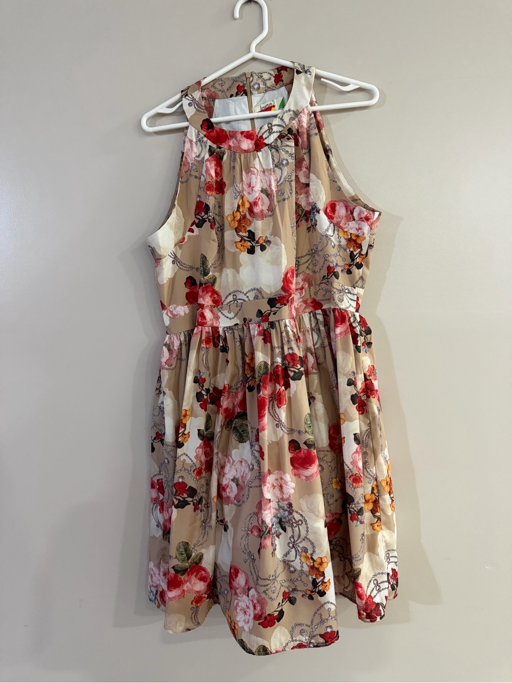Floral Halter Neck Women's Dress in Beige and Pink